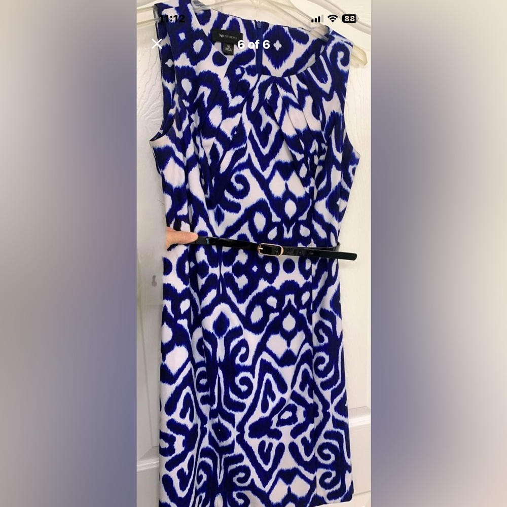 AB Studio Blue and White Printed Midi Dress with Slim Black Belt